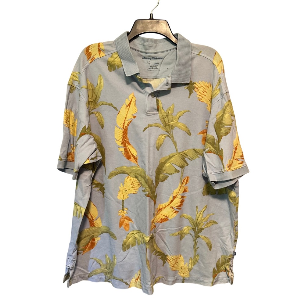 Tommy Bahama Mens XXL Supima Cotton Tropical Banana Leaf Polo Shirt Light Blue‎